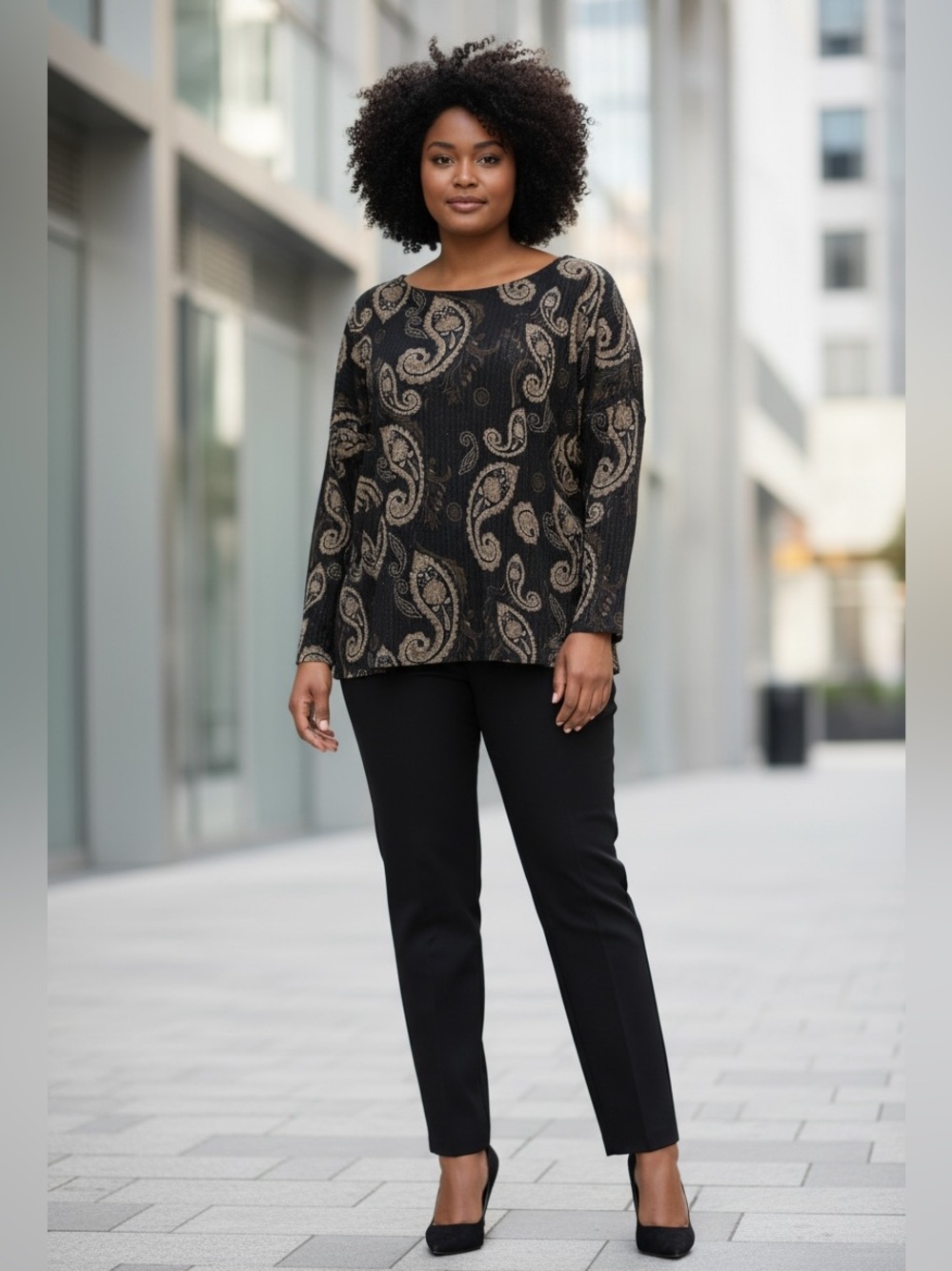 Laura Plus, 3X Plus Size, Shimmer Paisley Rib Knit Stretch Top, Black, Taupe